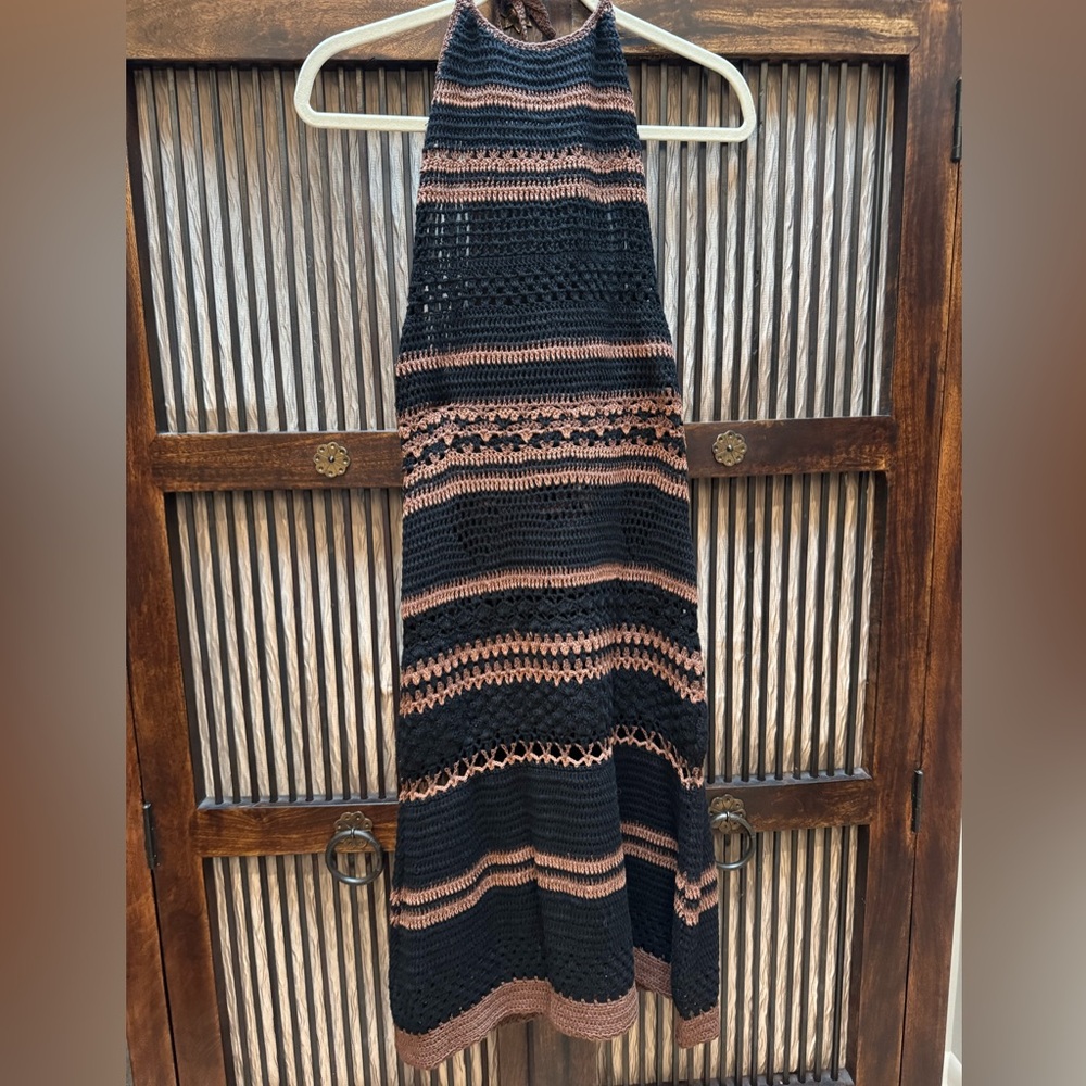 NWT Rust and Black Crocheted Halter Midi Dress/Swim Coverup - M/L